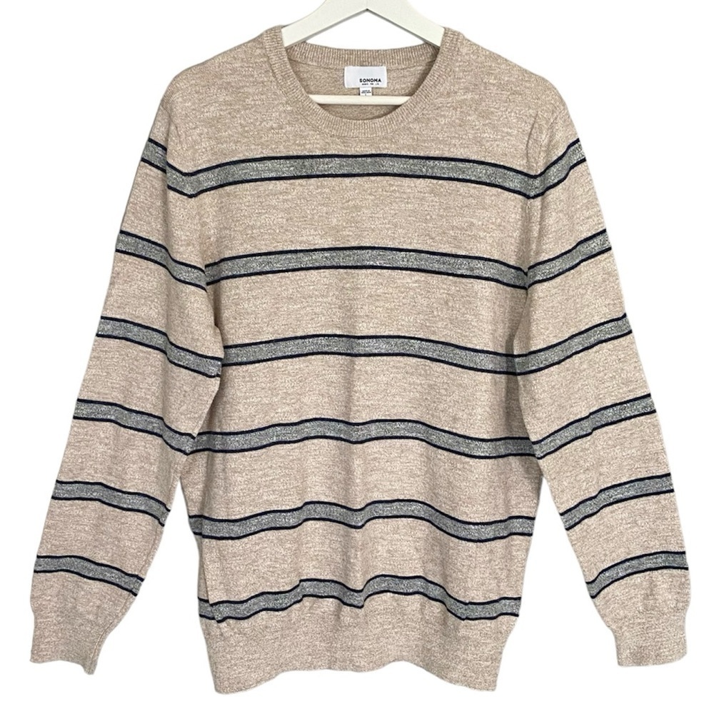 SONOMA Sweater Supersoft Crewneck Long Sleeve Tan Grey Stripe Men L